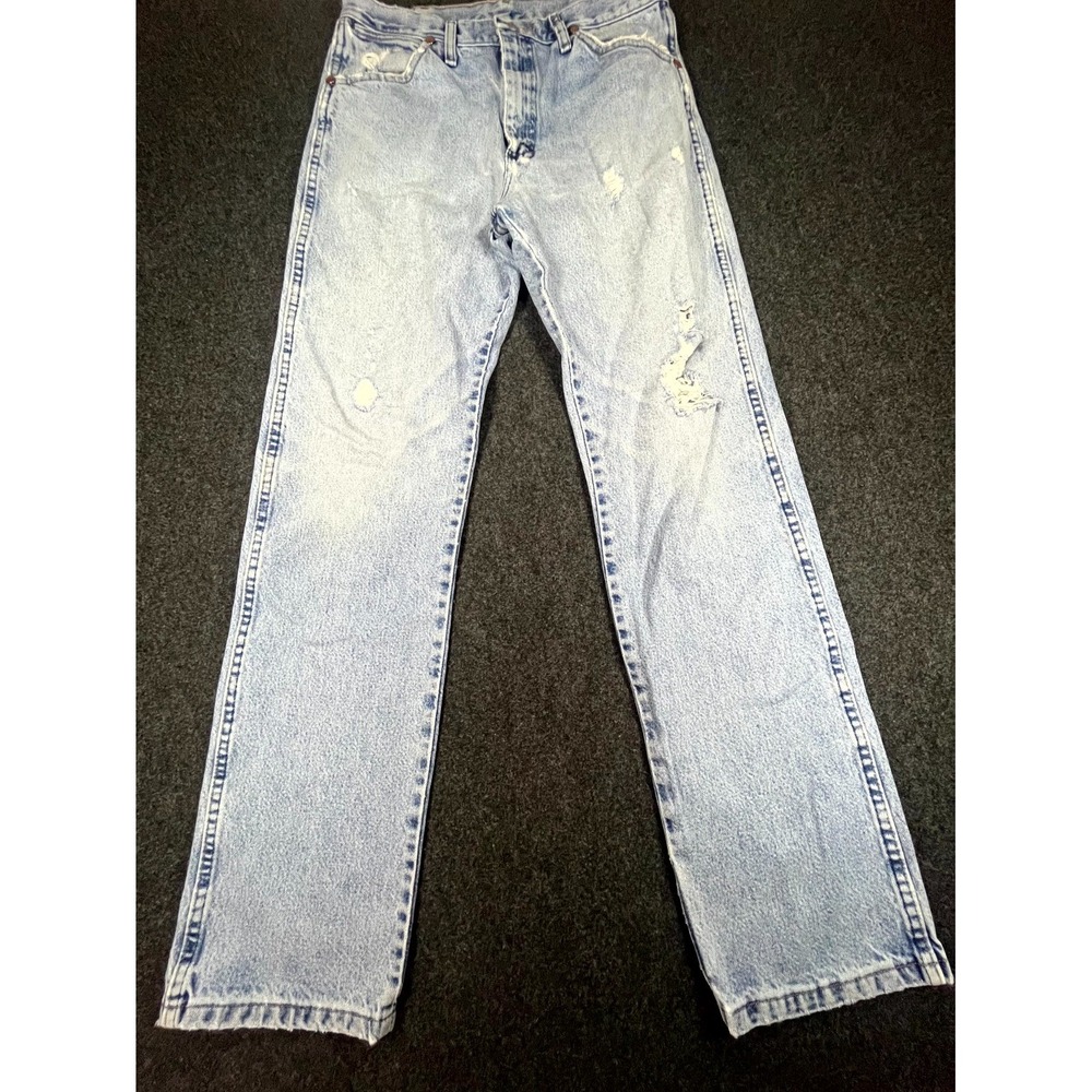 VTG Wrangler Cowboy Cut Jeans Mens 33x34 Blue Denim Cotton Light Wash Distressed